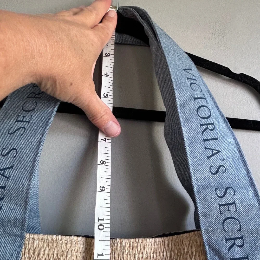 Victoria's Secret Straw Tote Bag Blue Denim Trim Beach Summer Logo 11232338